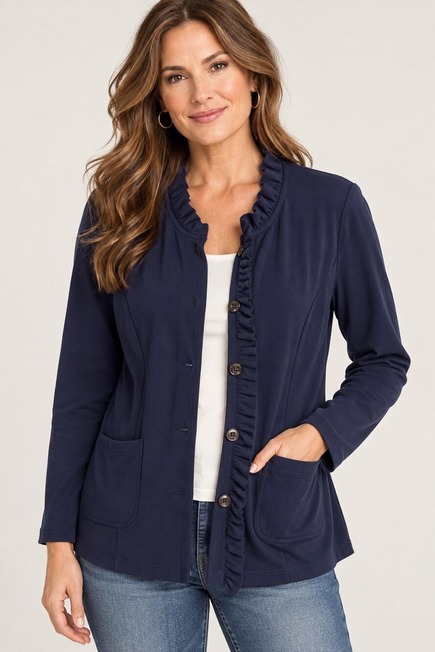 Suzanne Betro Signature Ruffle Trim Jacket XL Navy NWT $114 Nautical Ponte Style